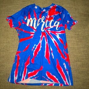 Red white and blue t shirt that says “merica”